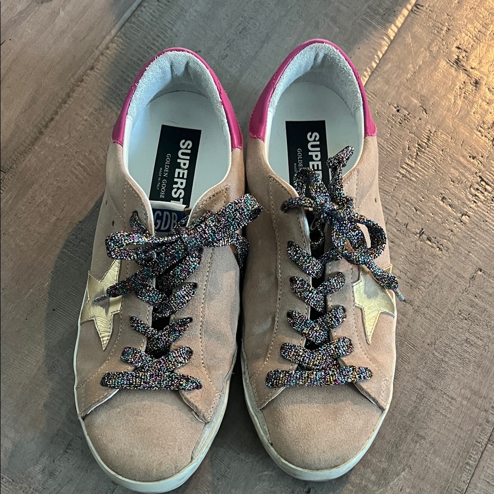 Golden Goose Tan Sneakers with Pink and Gold Accents